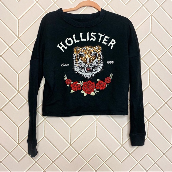Hollister Sequin Tiger Rose Crewneck Sweater XS - Picture 1 of 3